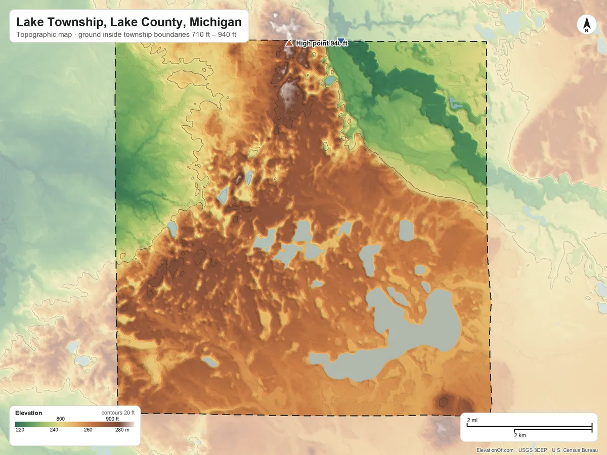 Topographic elevation map of Lake Township, Lake County, Michigan, shaded from 710 ft on the north side to 940 ft on the north side