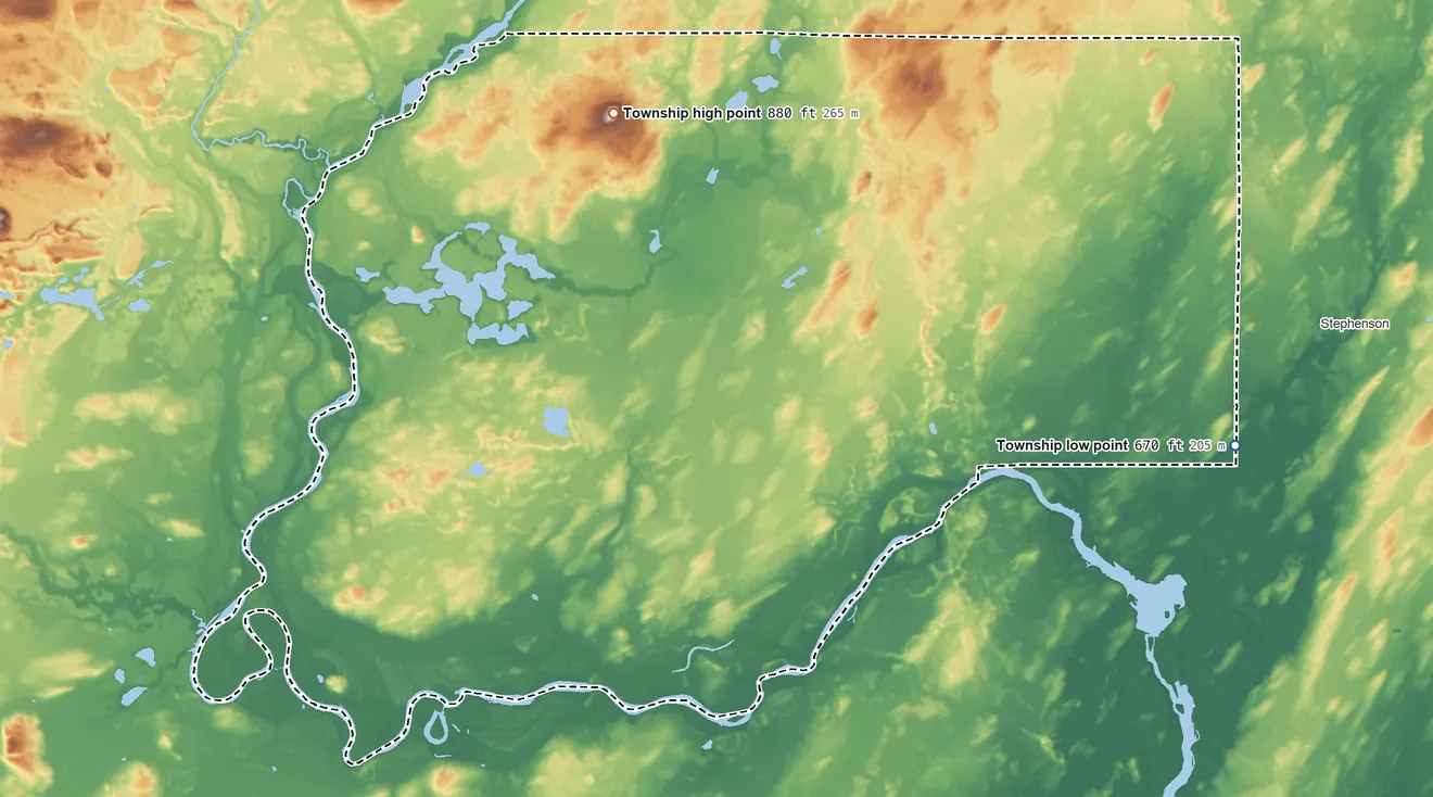 Topographic elevation map of Lake Township, Menominee County, Michigan, shaded from 670 ft on the east side to 880 ft on the northwest side