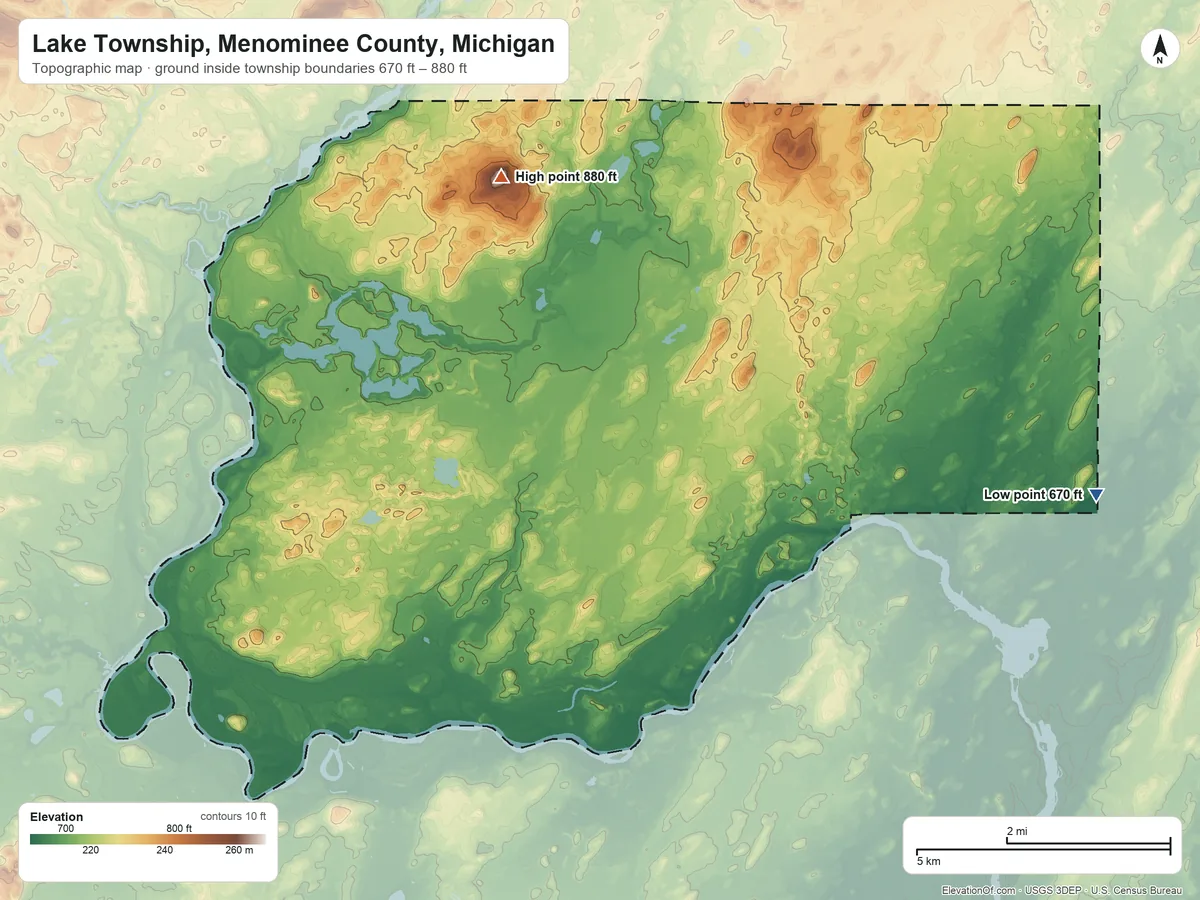 Topographic elevation map of Lake Township, Menominee County, Michigan, shaded from 670 ft on the east side to 880 ft on the northwest side