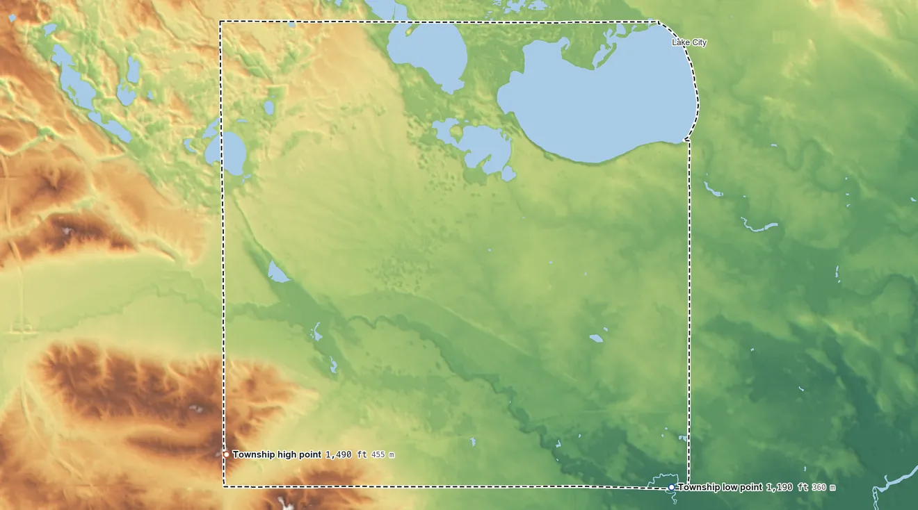 Topographic elevation map of Lake Township, Missaukee County, Michigan, shaded from 1,190 ft on the southeast side to 1,490 ft on the southwest side