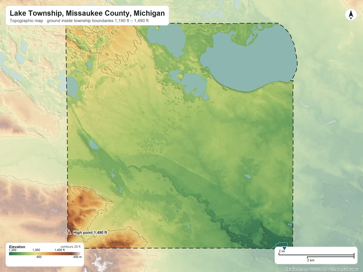 Topographic elevation map of Lake Township, Missaukee County, Michigan, shaded from 1,190 ft on the southeast side to 1,490 ft on the southwest side
