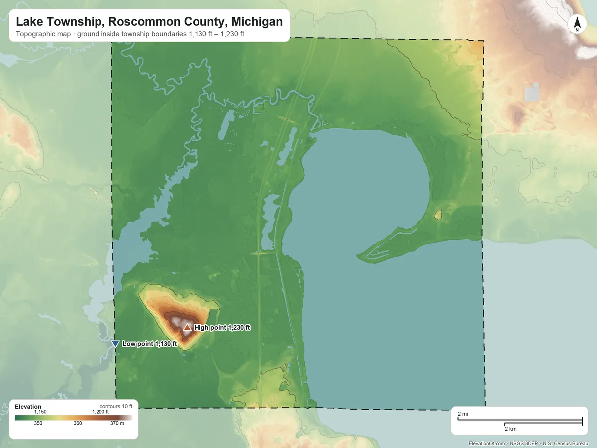 Topographic elevation map of Lake Township, Roscommon County, Michigan, shaded from 1,130 ft on the southwest side to 1,230 ft on the southwest side