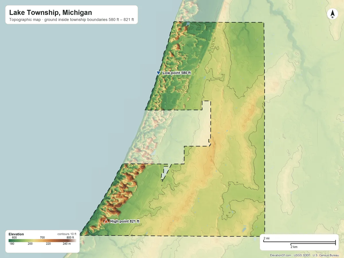Topographic elevation map of Lake Township, Michigan, shaded from 580 ft on the northwest side to 821 ft on Tower Hill