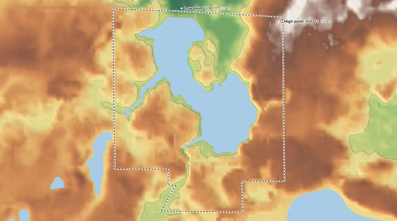Topographic elevation map of Lake Victoria, Michigan, shaded from 770 ft on the north side to 860 ft on the northeast side