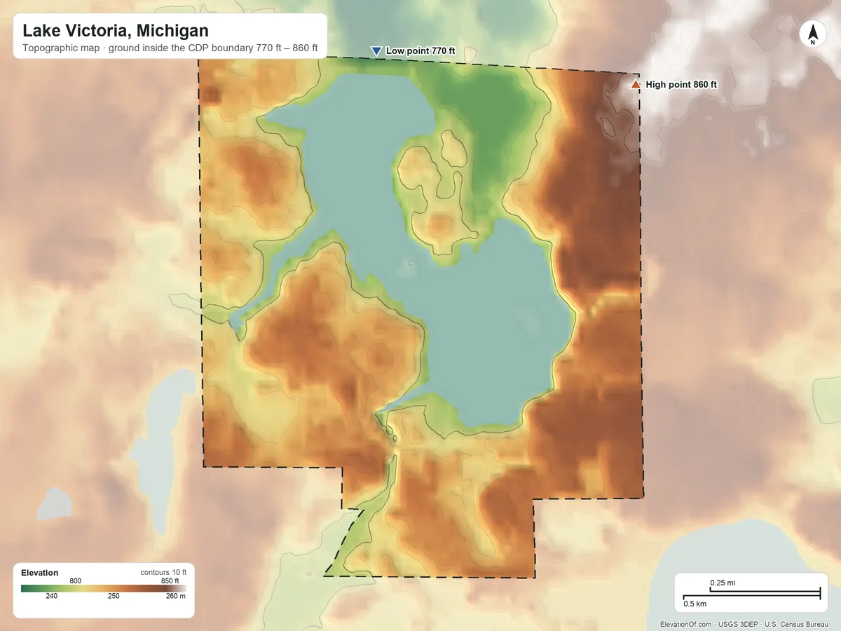 Topographic elevation map of Lake Victoria, Michigan, shaded from 770 ft on the north side to 860 ft on the northeast side