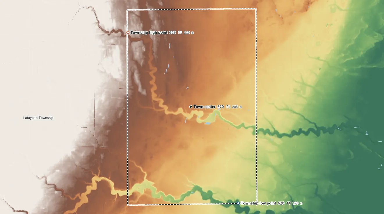 Topographic elevation map of Lakefield Township, Saginaw County, Michigan, shaded from 620 ft on the southeast side to 690 ft on the northwest side