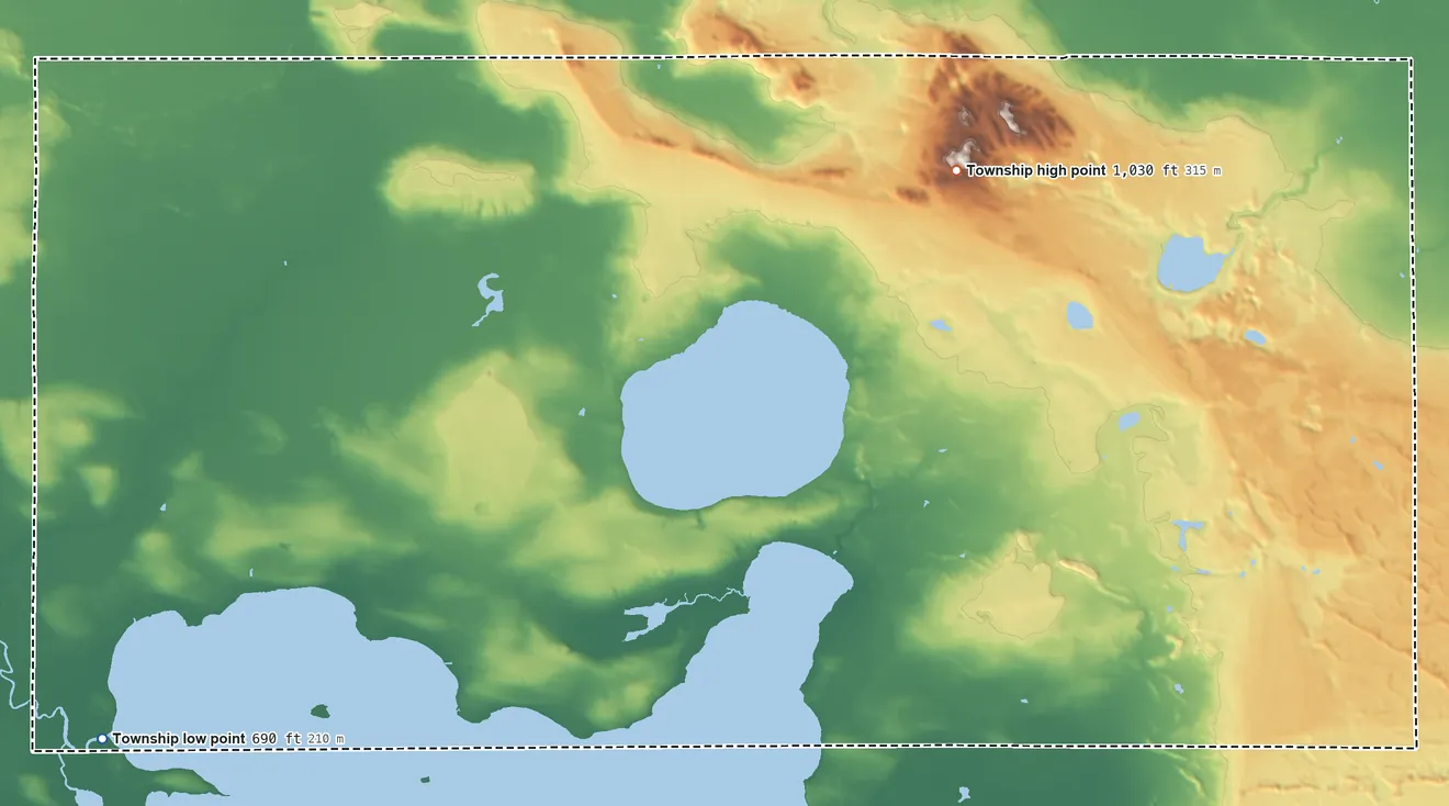 Topographic elevation map of Lakefield Township, Michigan, shaded from 690 ft on the west side to 1,030 ft on the north side