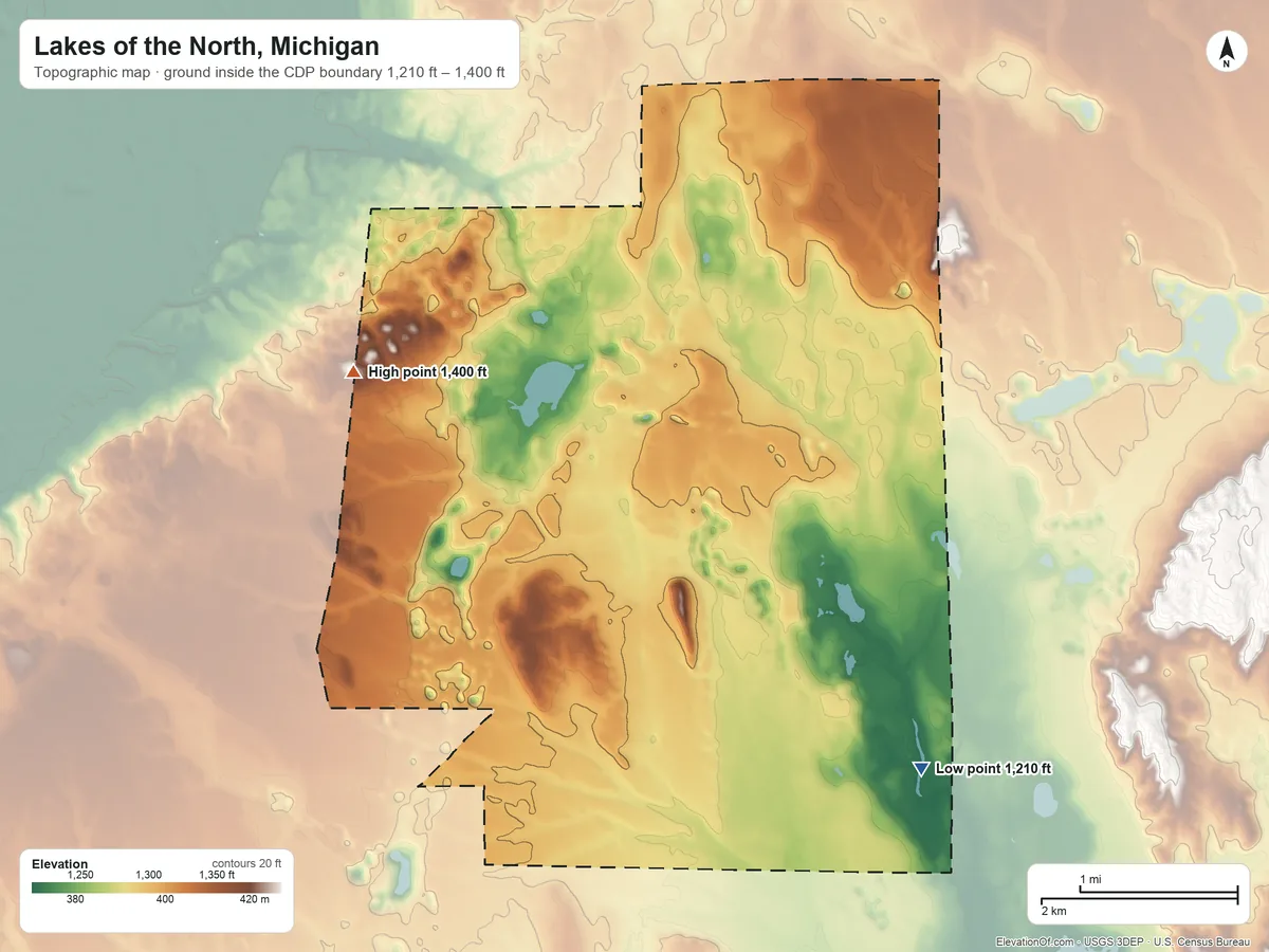 Topographic elevation map of Lakes of the North, Michigan, shaded from 1,210 ft on the southeast side to 1,400 ft on the west side