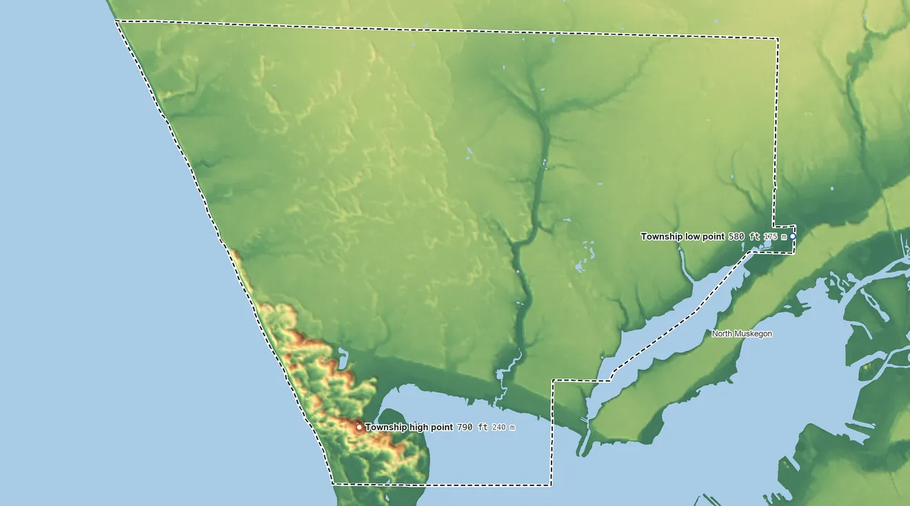 Topographic elevation map of Laketon Township, Michigan, shaded from 580 ft on the east side to 790 ft on the southwest side