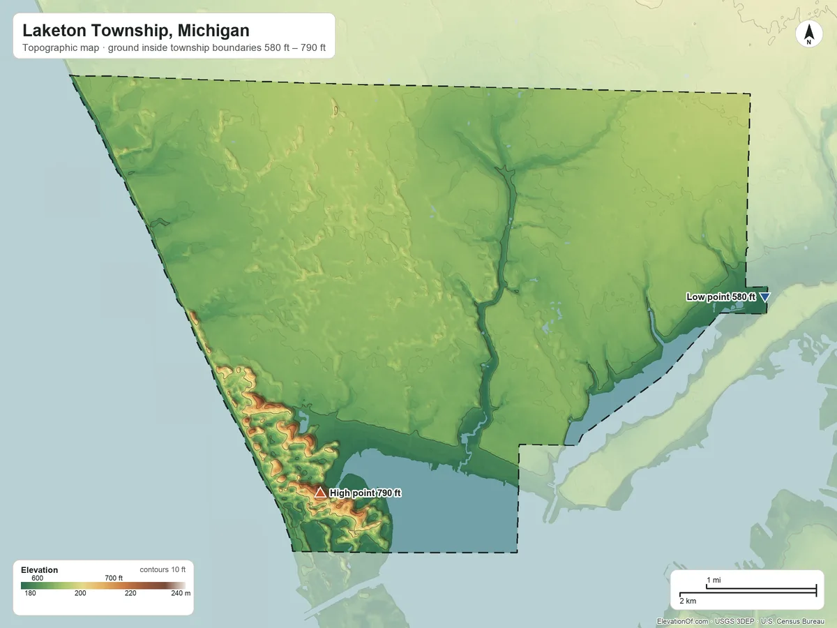 Topographic elevation map of Laketon Township, Michigan, shaded from 580 ft on the east side to 790 ft on the southwest side