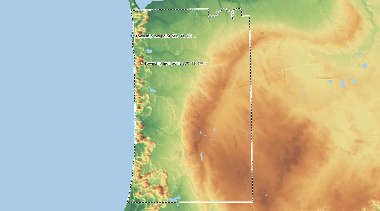Topographic elevation map of Laketown Township, Michigan, shaded from 580 ft on the west side to 830 ft on Baldy