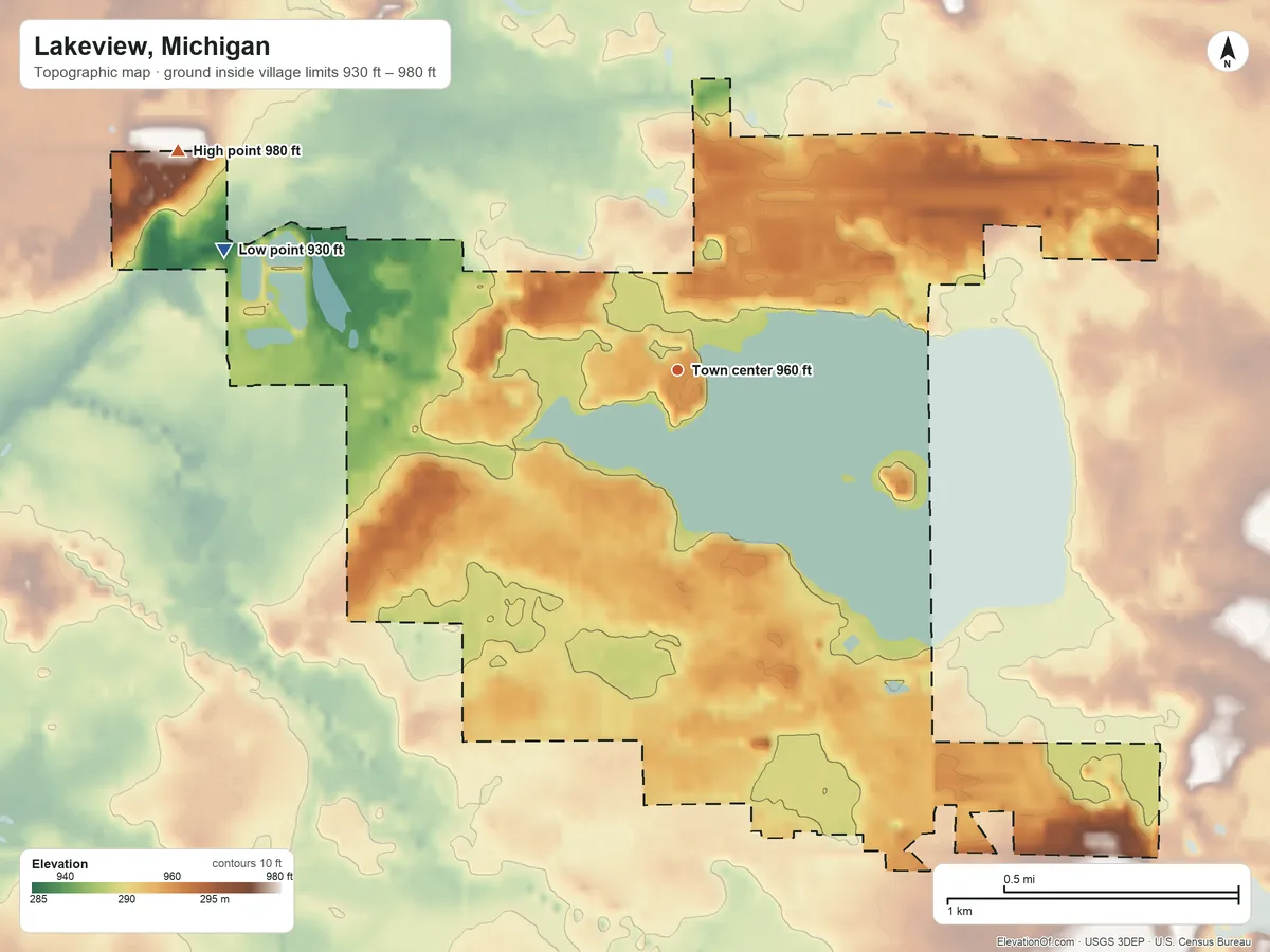 Topographic elevation map of Lakeview, Michigan, shaded from 930 ft on the west side to 980 ft on the northwest side