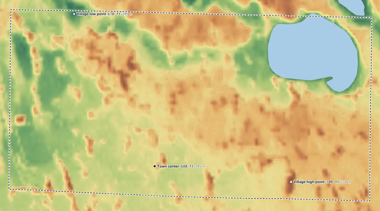 Topographic elevation map of Lakewood Club, Michigan, shaded from 670 ft on the northwest side to 700 ft on the east side