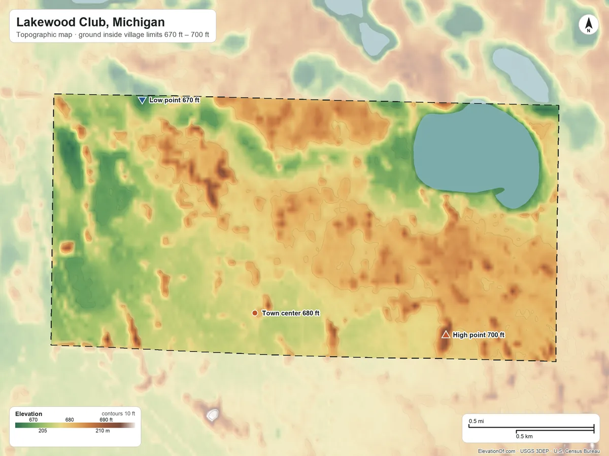 Topographic elevation map of Lakewood Club, Michigan, shaded from 670 ft on the northwest side to 700 ft on the east side