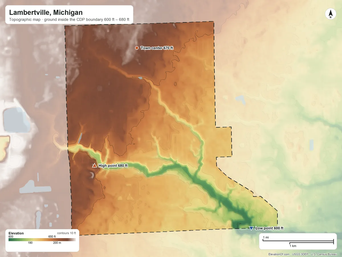 Topographic elevation map of Lambertville, Michigan, shaded from 600 ft on the southeast side to 680 ft on the south side
