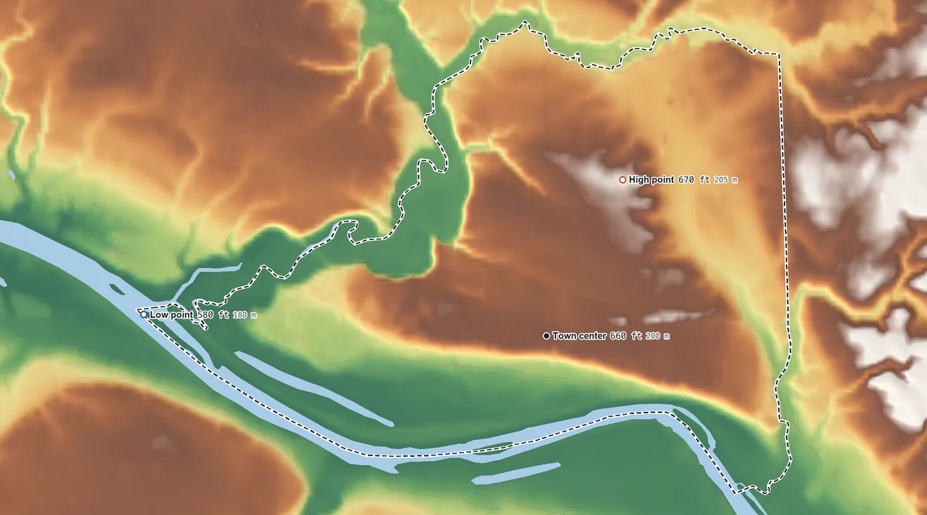Topographic elevation map of Lamont, Michigan, shaded from 580 ft on the west side to 670 ft on the northeast side