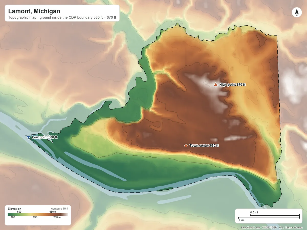 Topographic elevation map of Lamont, Michigan, shaded from 580 ft on the west side to 670 ft on the northeast side