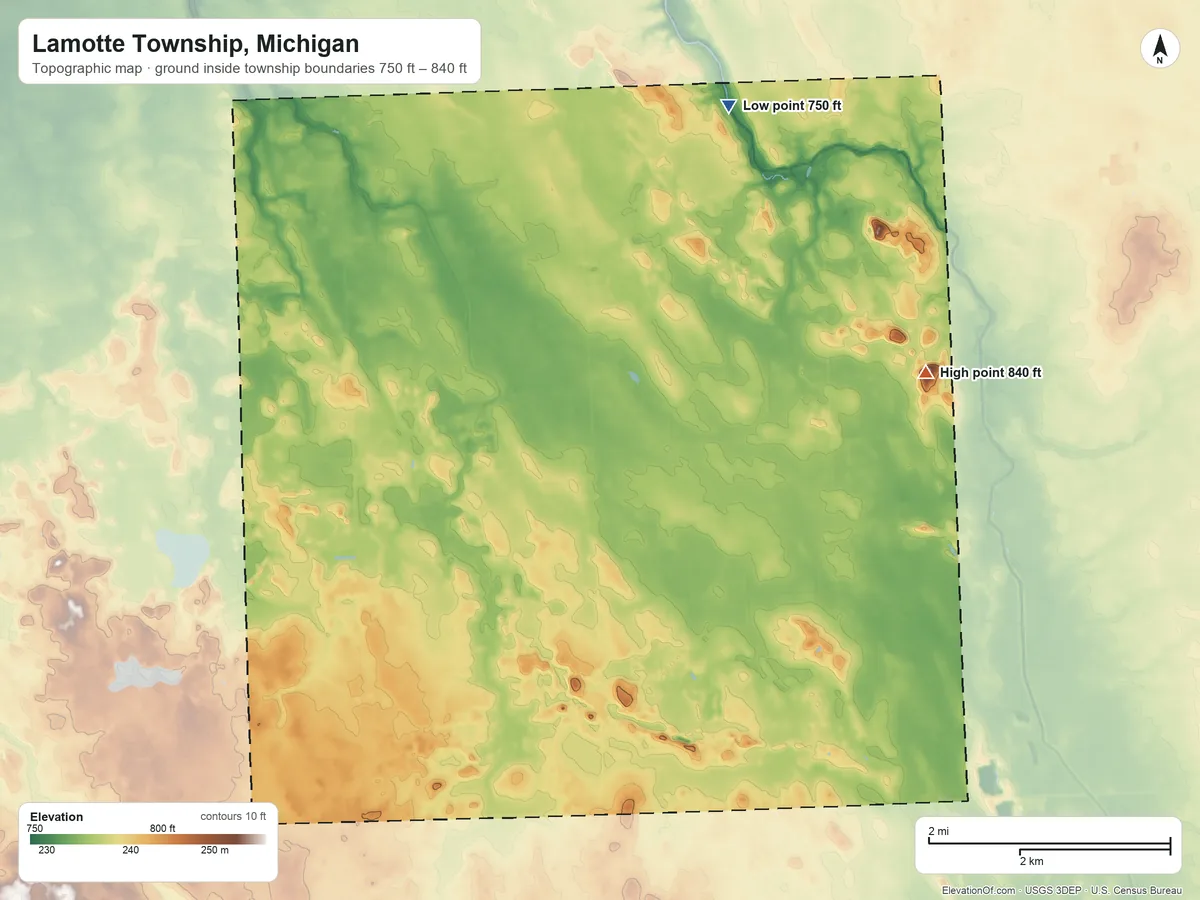 Topographic elevation map of Lamotte Township, Michigan, shaded from 750 ft on the north side to 840 ft on the east side