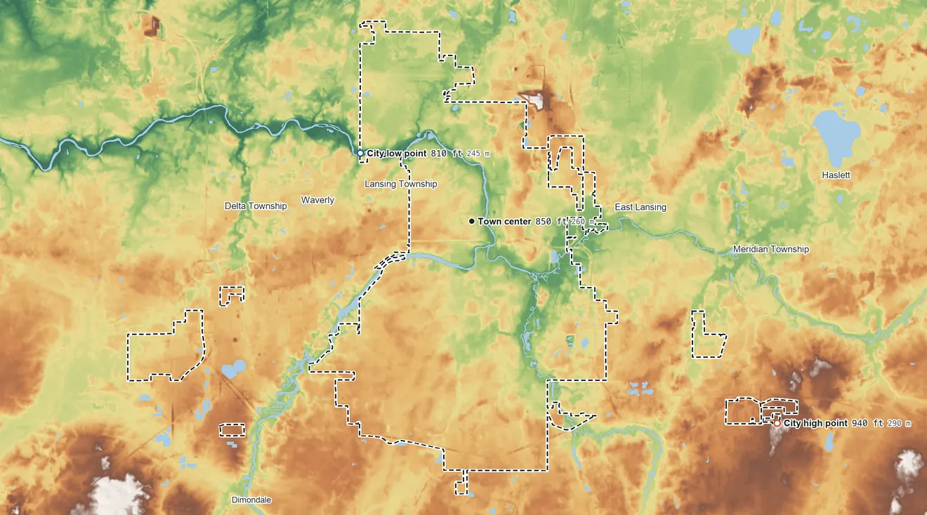 Topographic elevation map of Lansing, Michigan, shaded from 810 ft on the northwest side to 940 ft on the southeast side