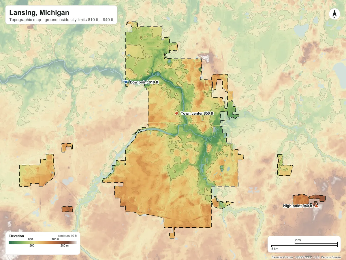 Topographic elevation map of Lansing, Michigan, shaded from 810 ft on the northwest side to 940 ft on the southeast side