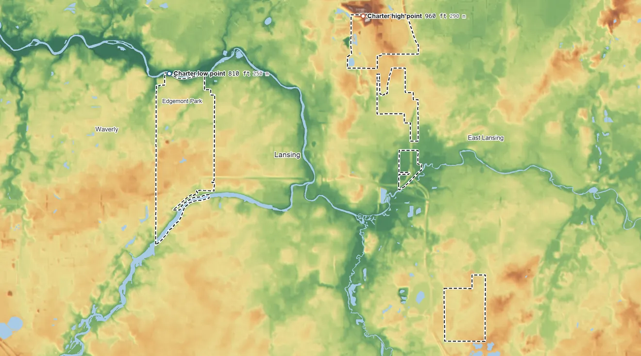 Topographic elevation map of Lansing Township, Michigan, shaded from 810 ft on the northwest side to 960 ft on the northeast side