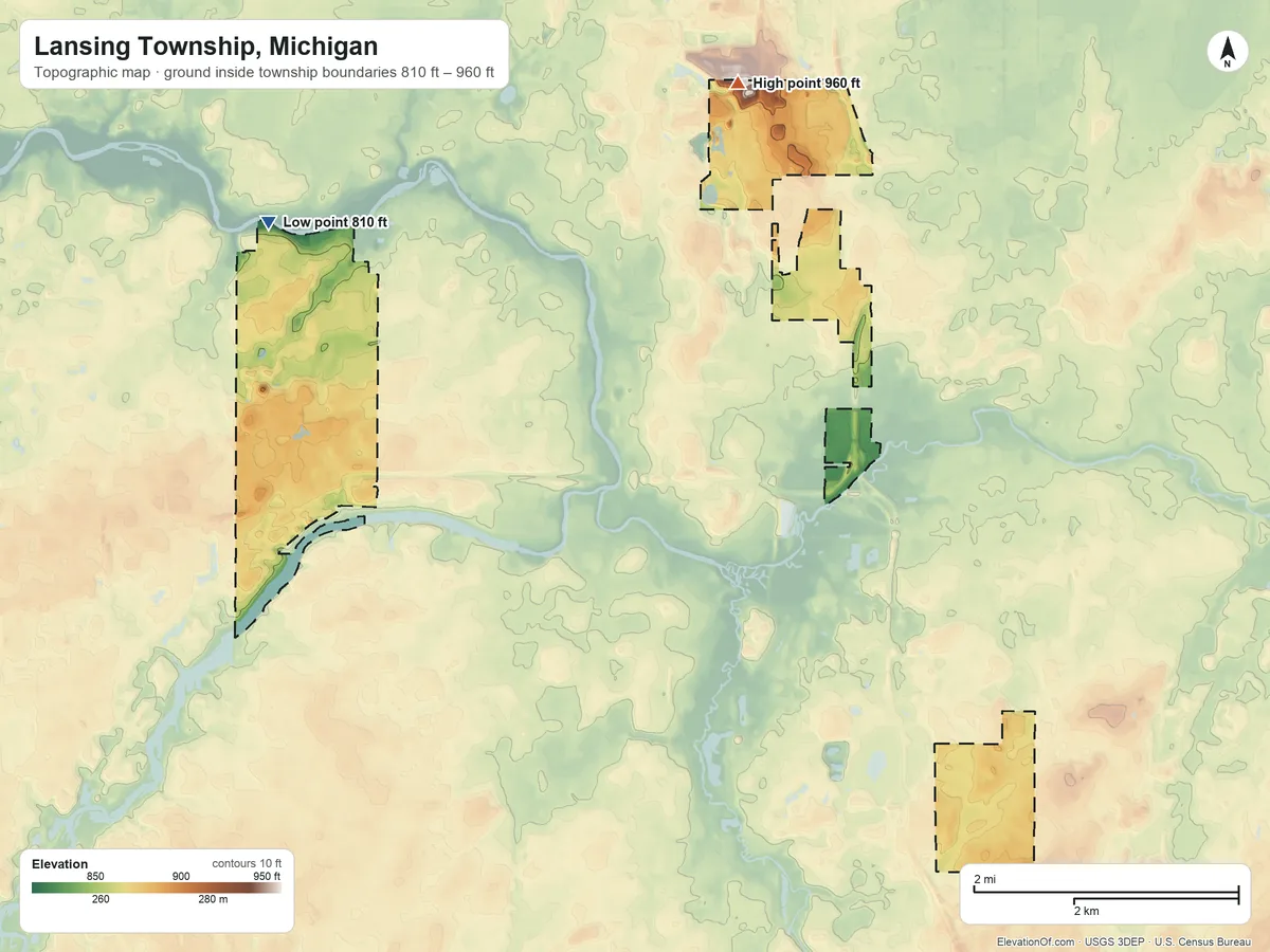 Topographic elevation map of Lansing Township, Michigan, shaded from 810 ft on the northwest side to 960 ft on the northeast side