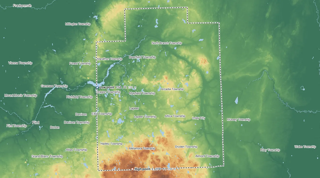 Topographic elevation map of Lapeer County, Michigan, shaded from 750 ft on the west side to 1,270 ft on Mount Christie
