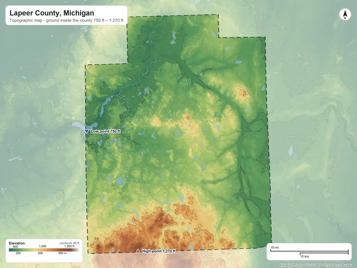 Topographic elevation map of Lapeer County, Michigan, shaded from 750 ft on the west side to 1,270 ft on Mount Christie