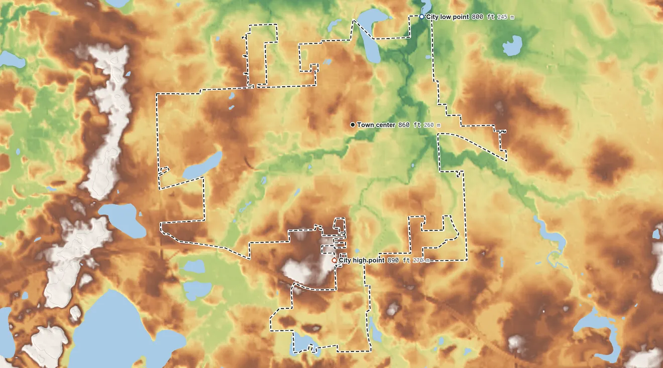 Topographic elevation map of Lapeer, Michigan, shaded from 800 ft on the northeast side to 890 ft on the south side