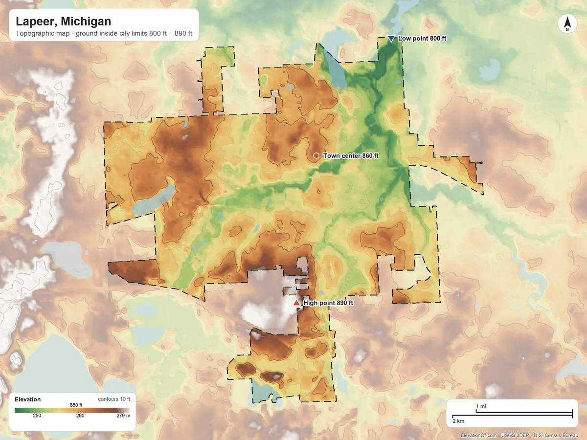 Topographic elevation map of Lapeer, Michigan, shaded from 800 ft on the northeast side to 890 ft on the south side