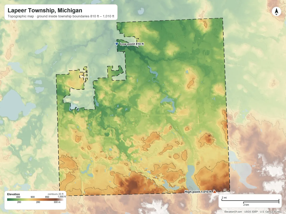 Topographic elevation map of Lapeer Township, Michigan, shaded from 810 ft on the northwest side to 1,010 ft on the southeast side