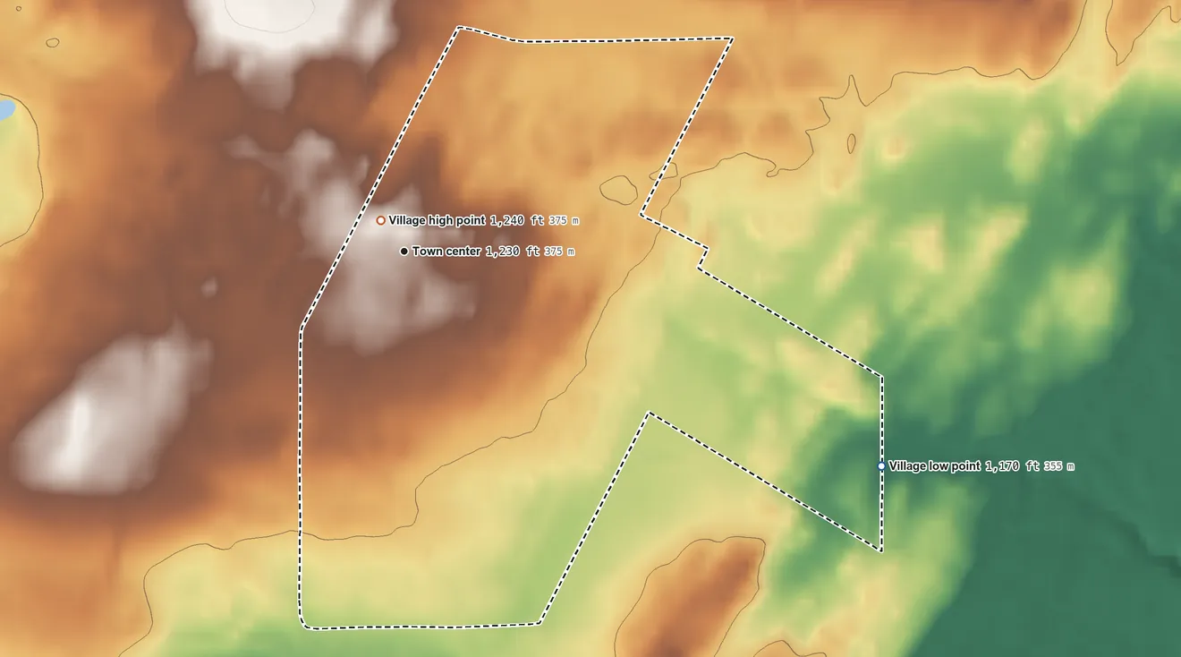 Topographic elevation map of Laurium, Michigan, shaded from 1,170 ft on the southeast side to 1,240 ft near the middle