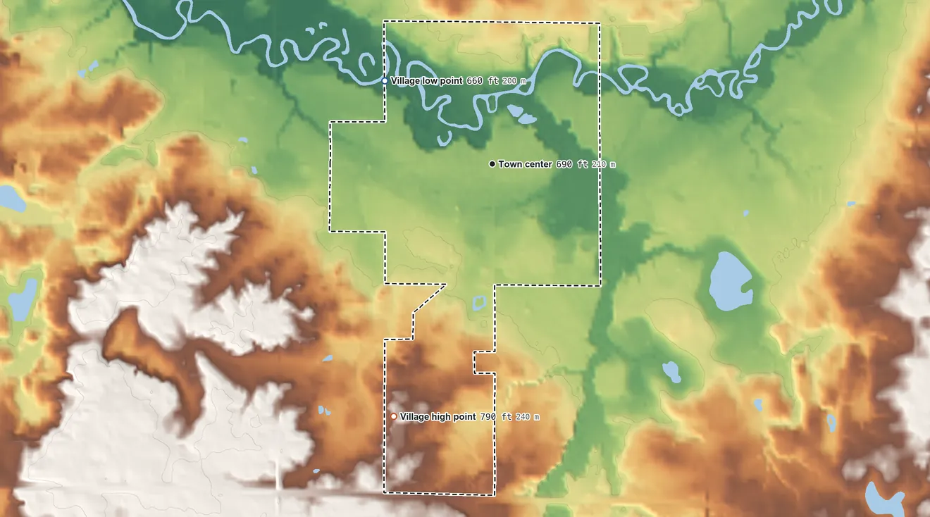Topographic elevation map of Lawrence, Michigan, shaded from 660 ft on the northwest side to 790 ft on the south side