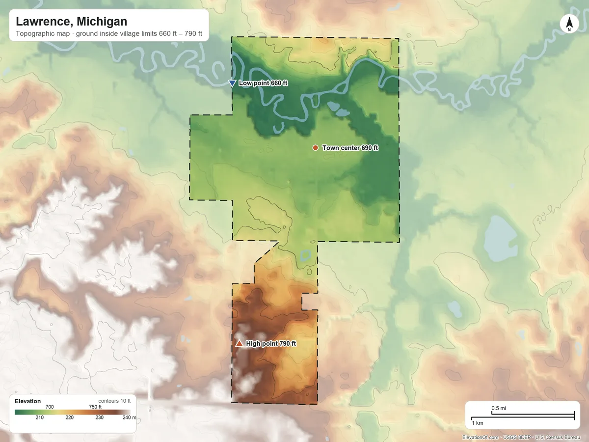 Topographic elevation map of Lawrence, Michigan, shaded from 660 ft on the northwest side to 790 ft on the south side