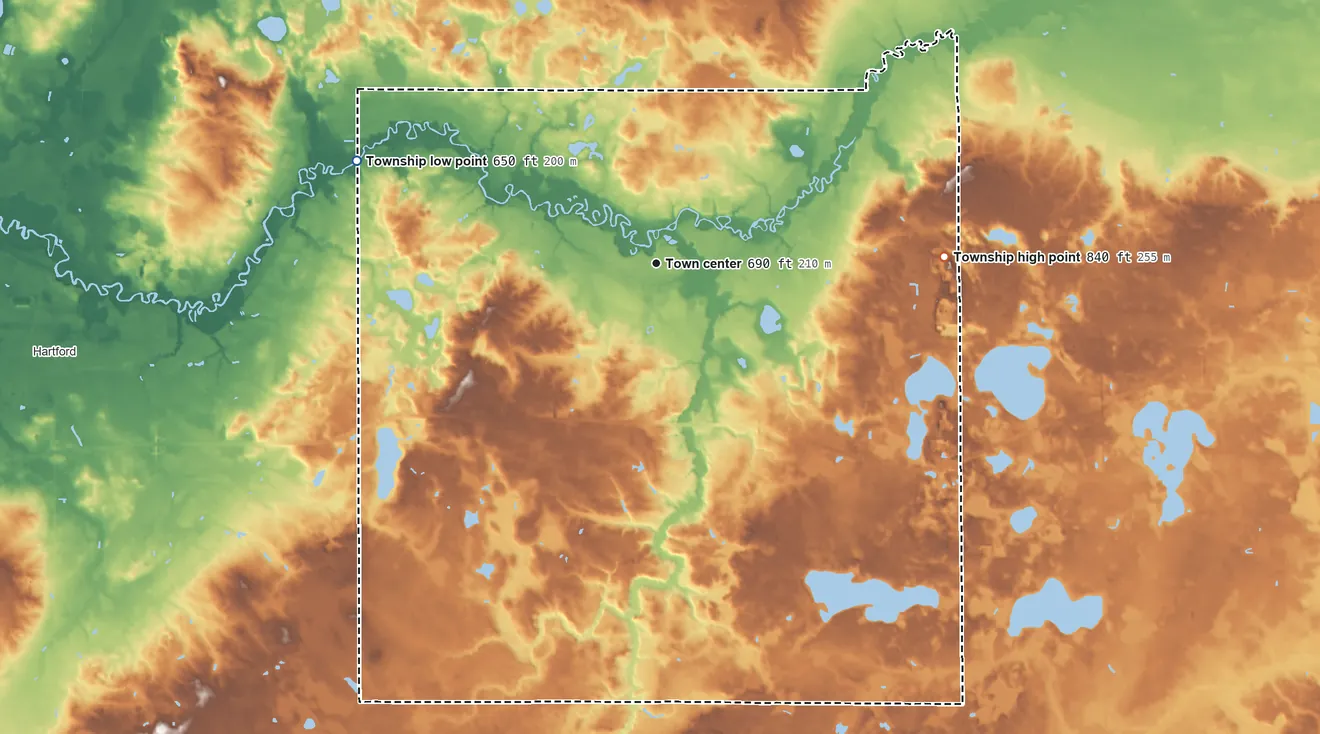Topographic elevation map of Lawrence Township, Michigan, shaded from 650 ft on the west side to 840 ft on the east side