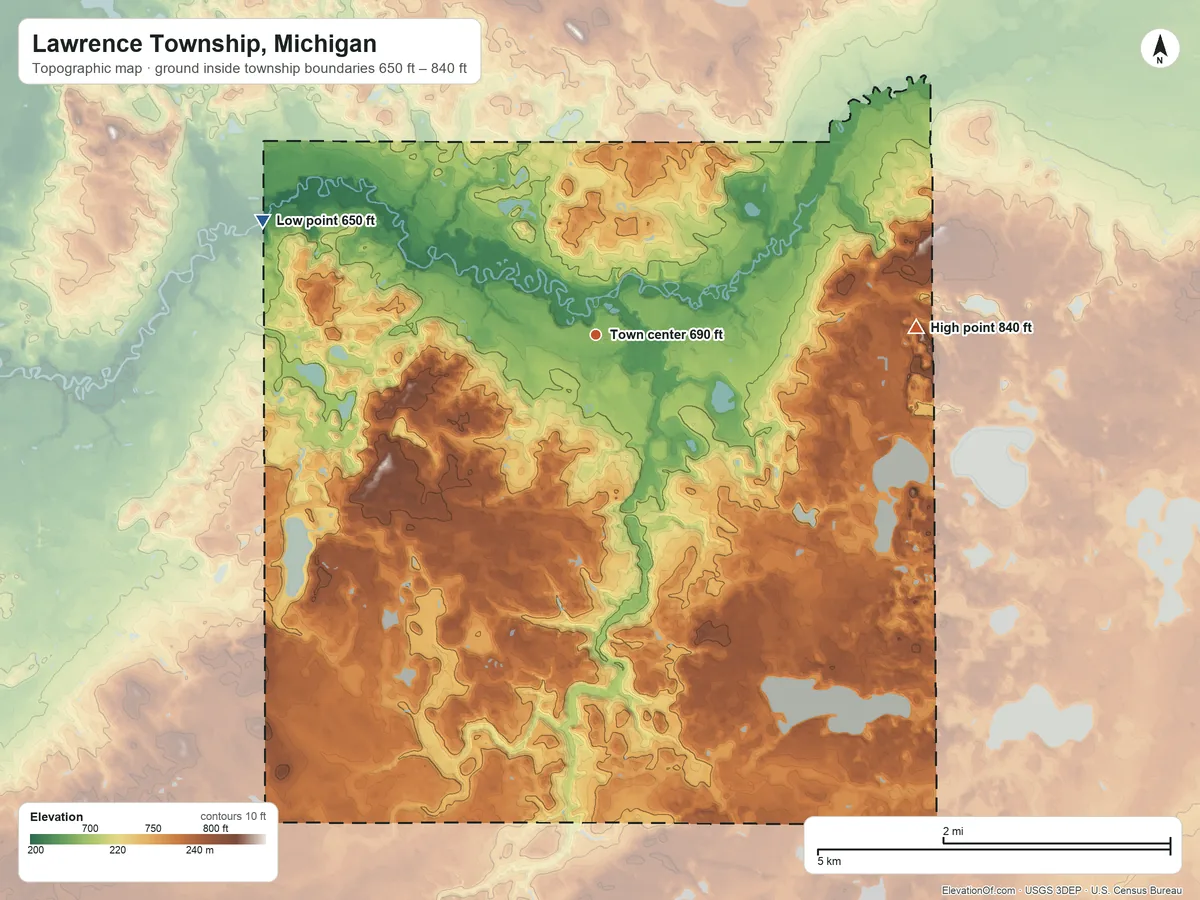 Topographic elevation map of Lawrence Township, Michigan, shaded from 650 ft on the west side to 840 ft on the east side