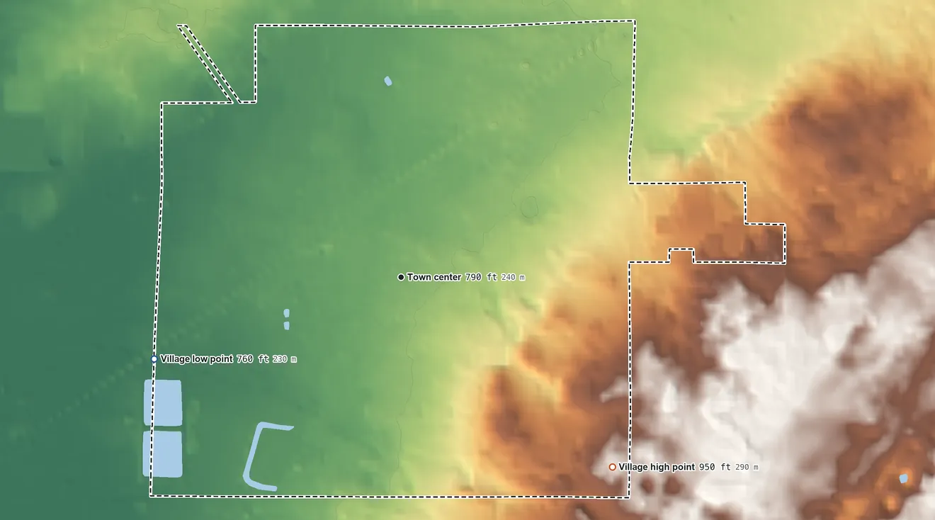 Topographic elevation map of Lawton, Michigan, shaded from 760 ft on the west side to 950 ft on the southeast side