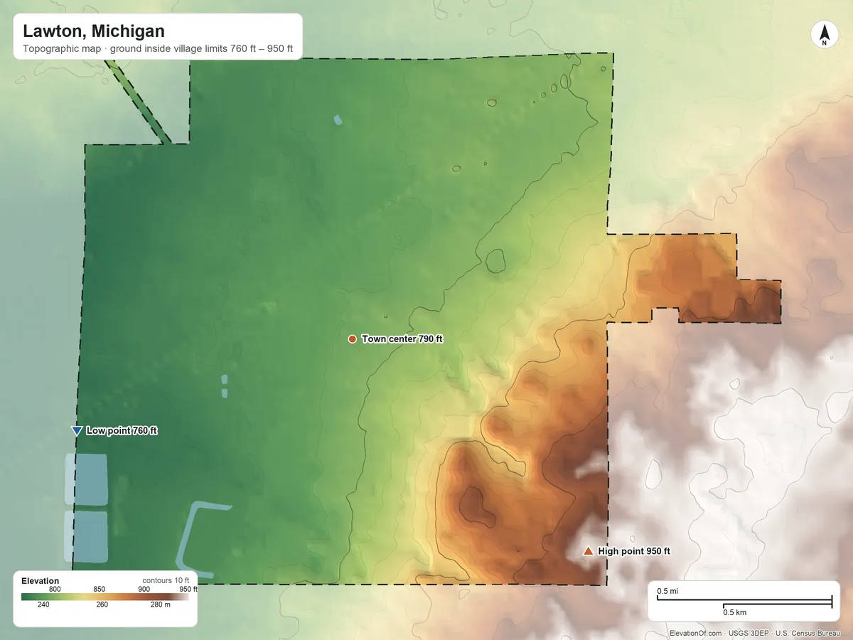 Topographic elevation map of Lawton, Michigan, shaded from 760 ft on the west side to 950 ft on the southeast side