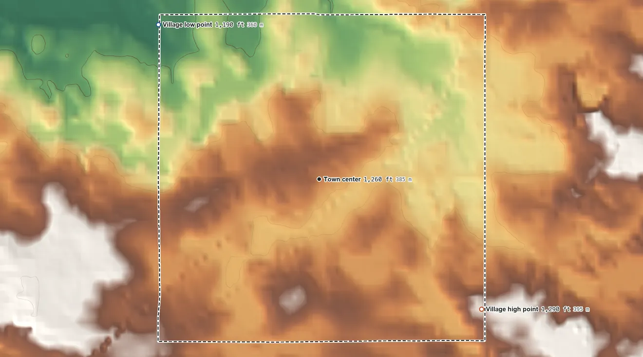 Topographic elevation map of Le Roy, Michigan, shaded from 1,190 ft on the northwest side to 1,290 ft on the southeast side