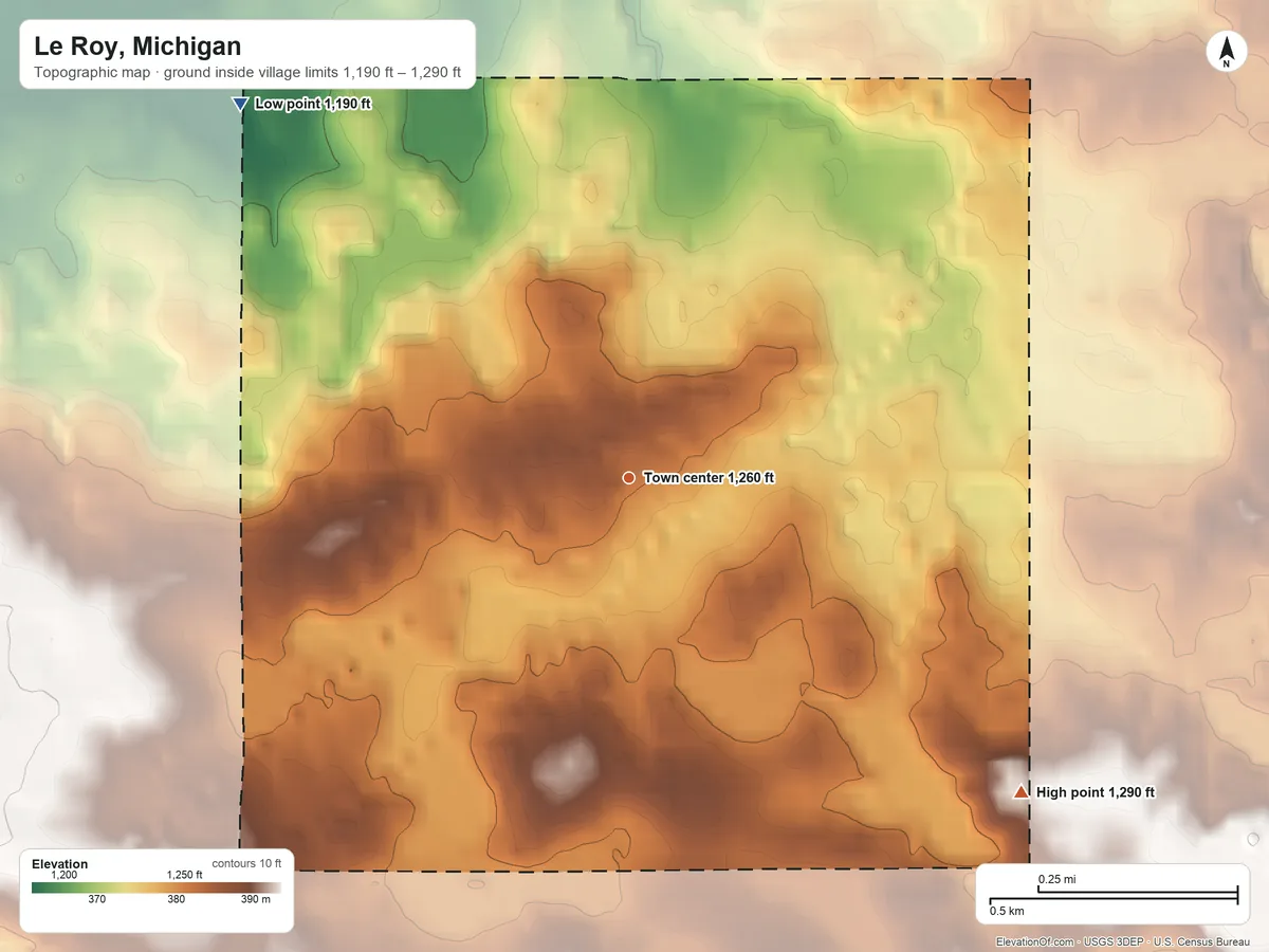 Topographic elevation map of Le Roy, Michigan, shaded from 1,190 ft on the northwest side to 1,290 ft on the southeast side