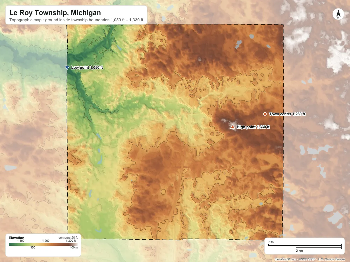Topographic elevation map of Le Roy Township, Michigan, shaded from 1,050 ft on the west side to 1,330 ft on the west side