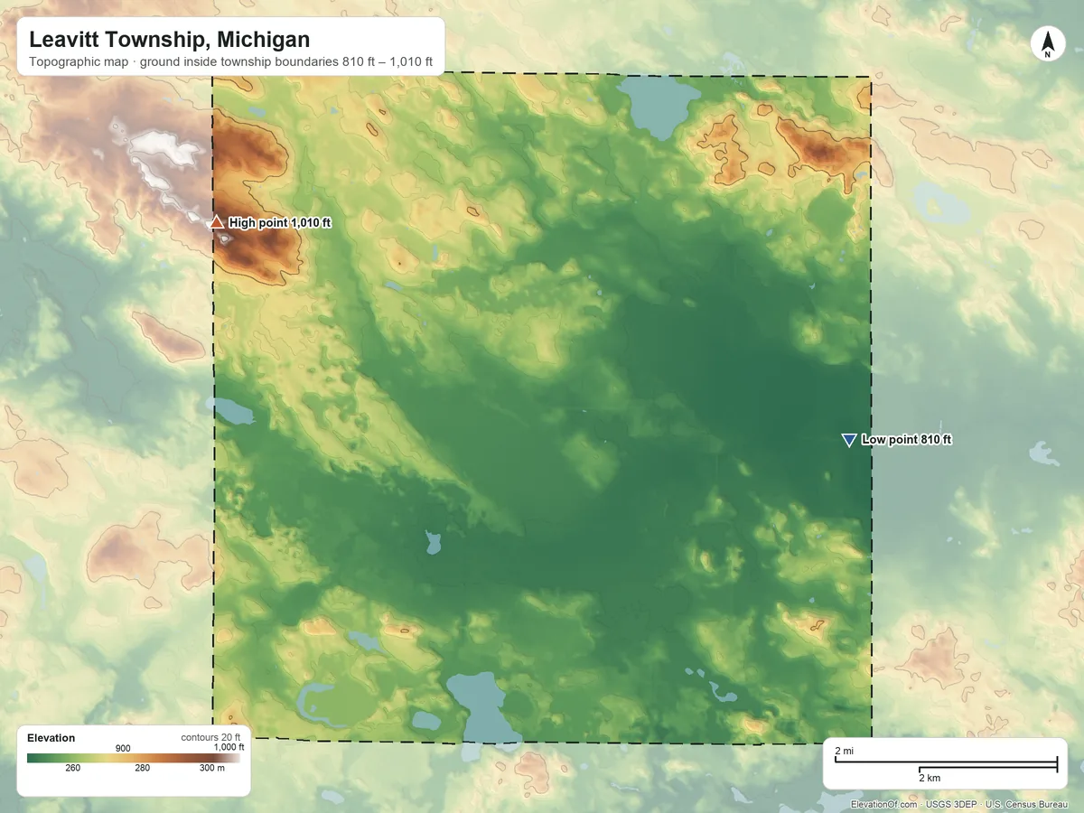 Topographic elevation map of Leavitt Township, Michigan, shaded from 810 ft on the east side to 1,010 ft on the northwest side