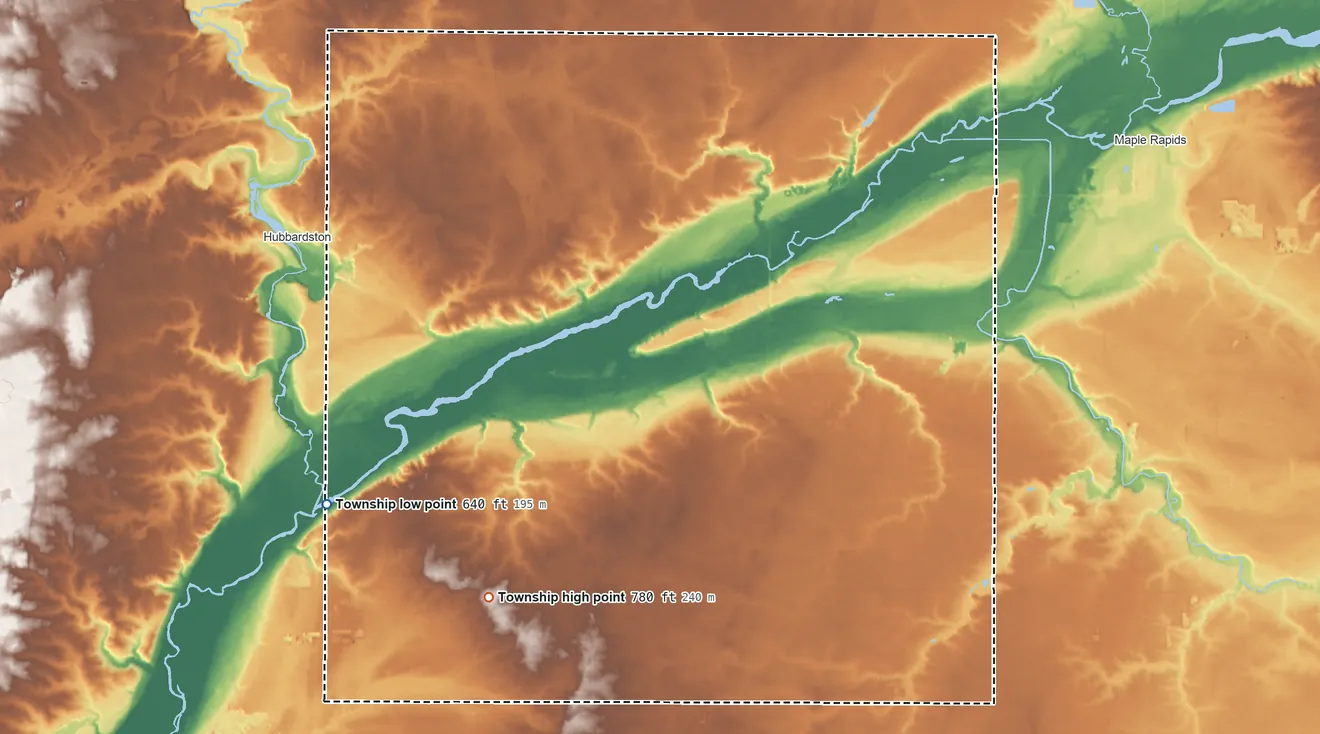 Topographic elevation map of Lebanon Township, Michigan, shaded from 640 ft on the southwest side to 780 ft on the southwest side