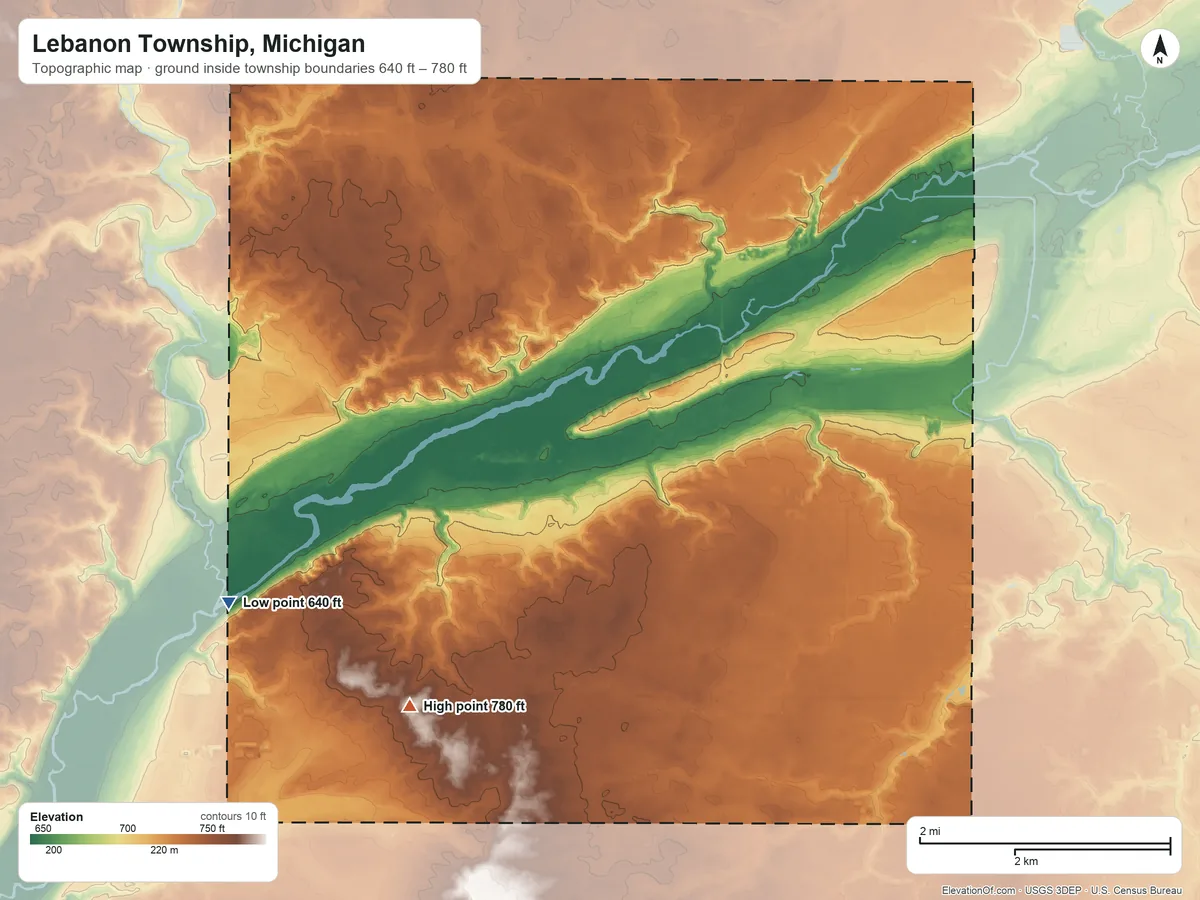 Topographic elevation map of Lebanon Township, Michigan, shaded from 640 ft on the southwest side to 780 ft on the southwest side