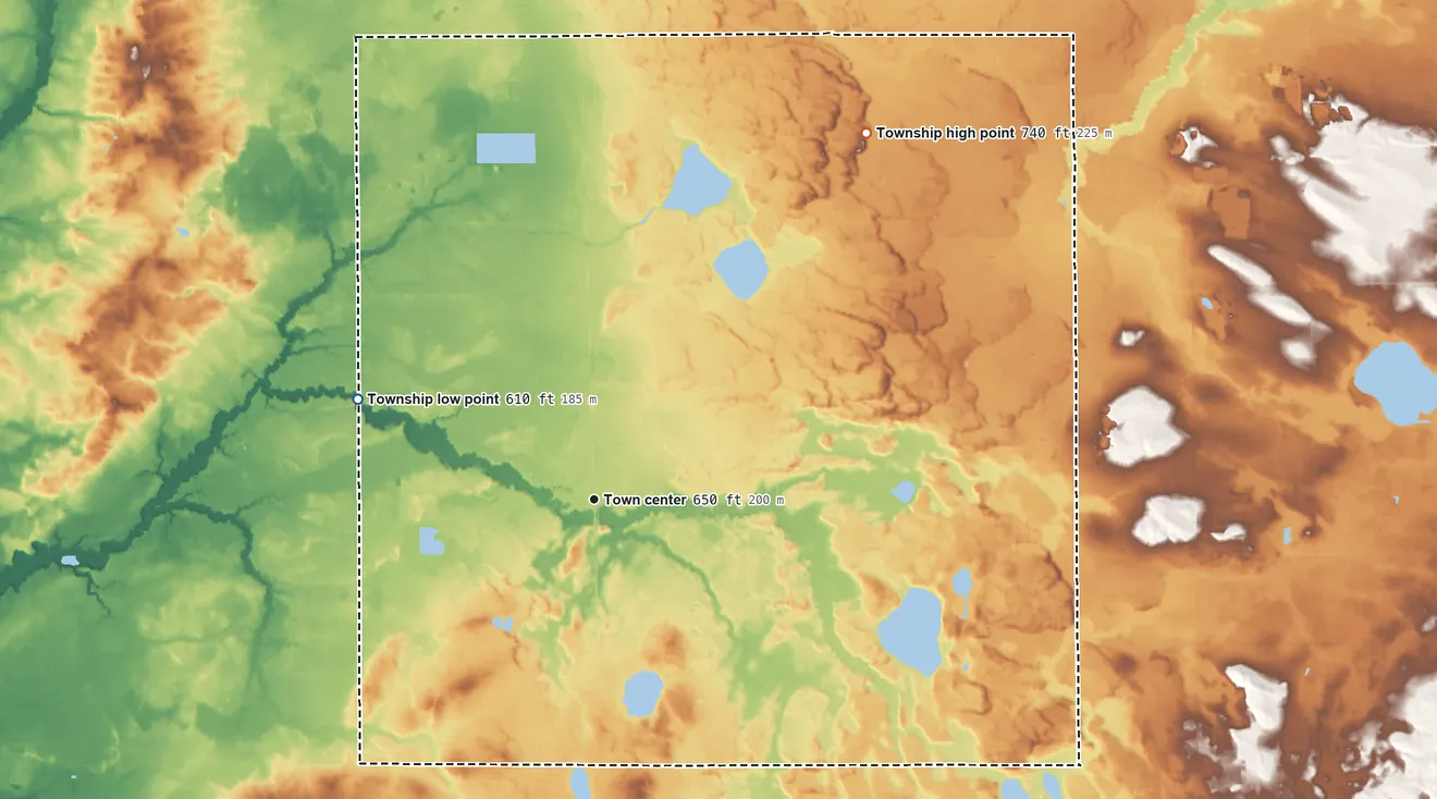 Topographic elevation map of Lee Township, Allegan County, Michigan, shaded from 610 ft on the northwest side to 740 ft on the northeast side