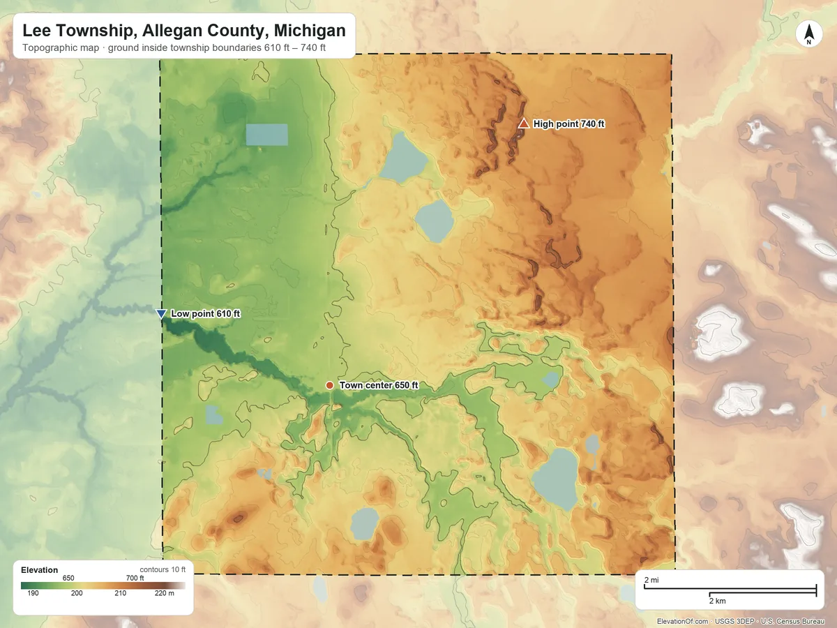 Topographic elevation map of Lee Township, Allegan County, Michigan, shaded from 610 ft on the northwest side to 740 ft on the northeast side
