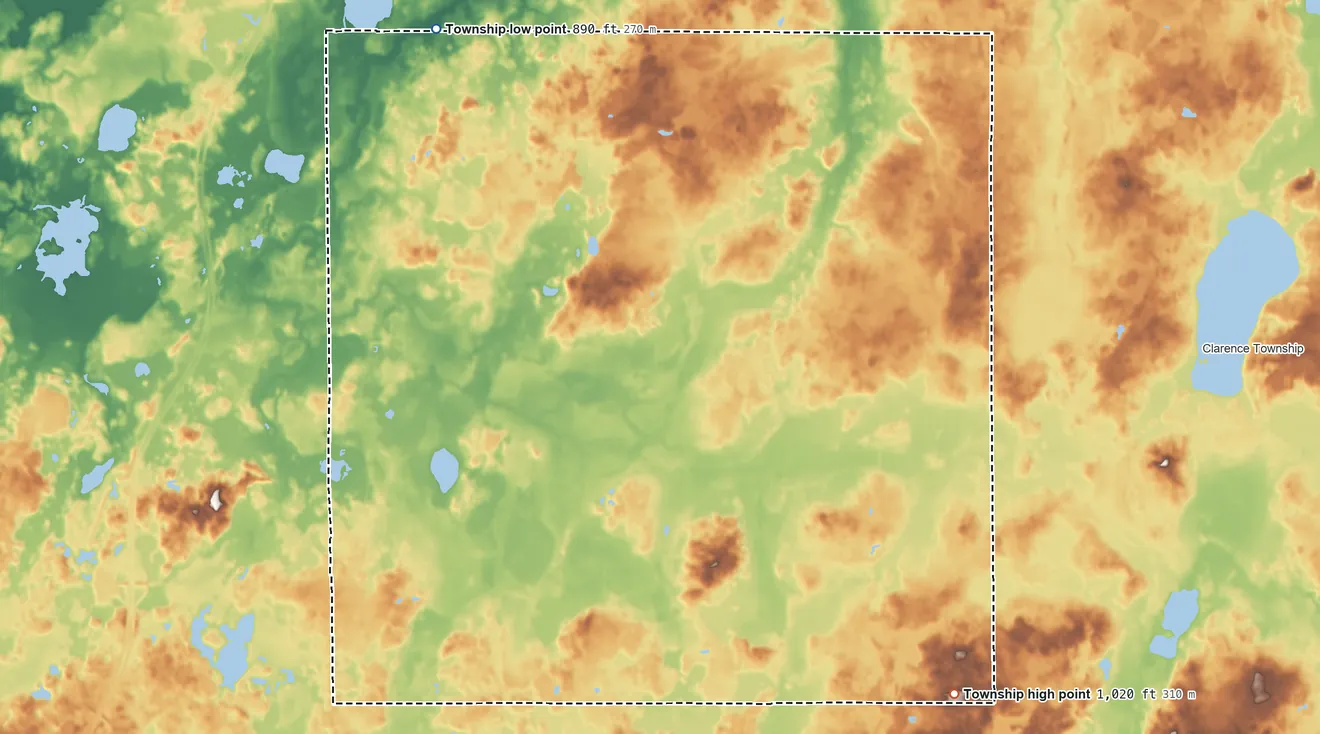 Topographic elevation map of Lee Township, Calhoun County, Michigan, shaded from 890 ft on the northwest side to 1,020 ft on the southeast side