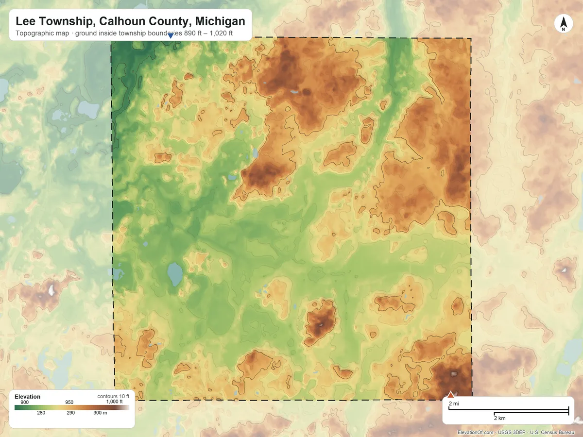 Topographic elevation map of Lee Township, Calhoun County, Michigan, shaded from 890 ft on the northwest side to 1,020 ft on the southeast side