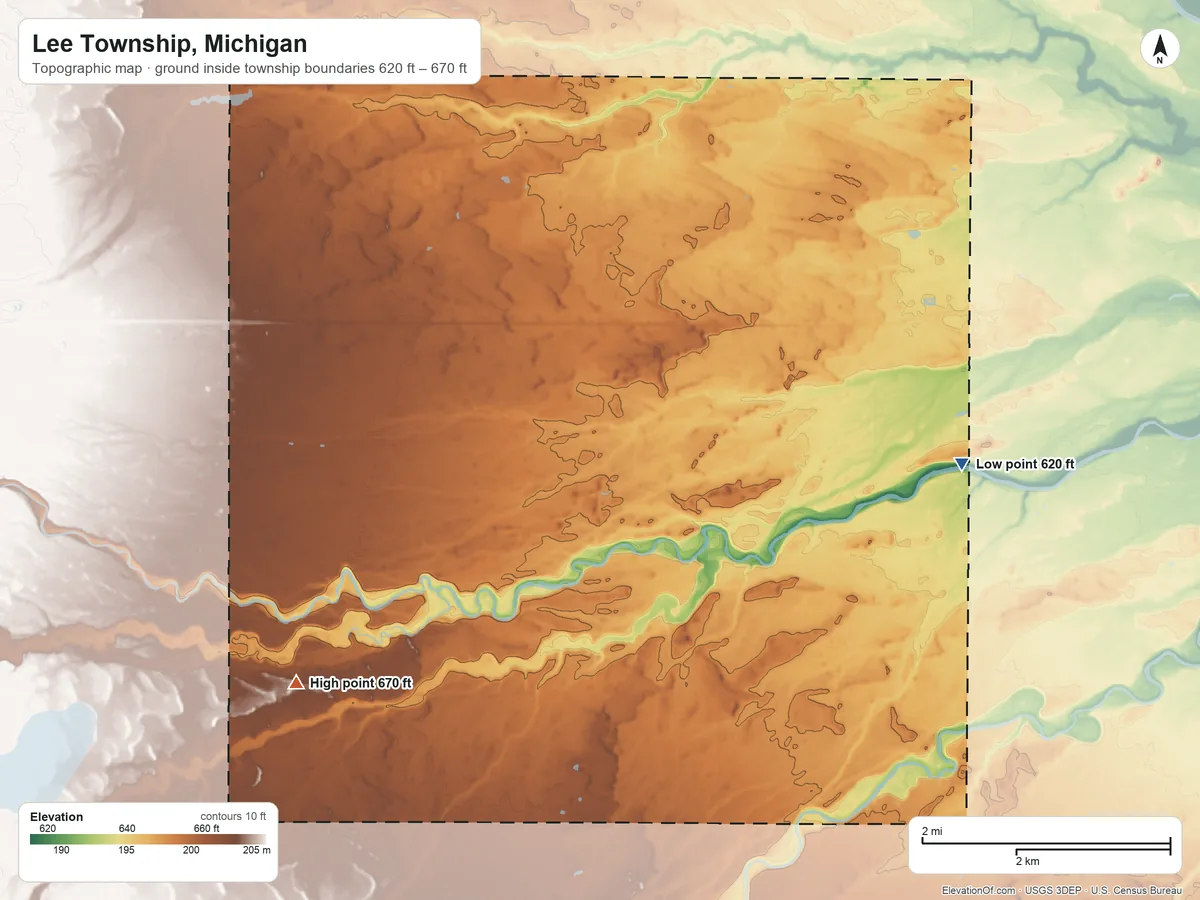 Topographic elevation map of Lee Township, Michigan, shaded from 620 ft on the east side to 670 ft on the southwest side