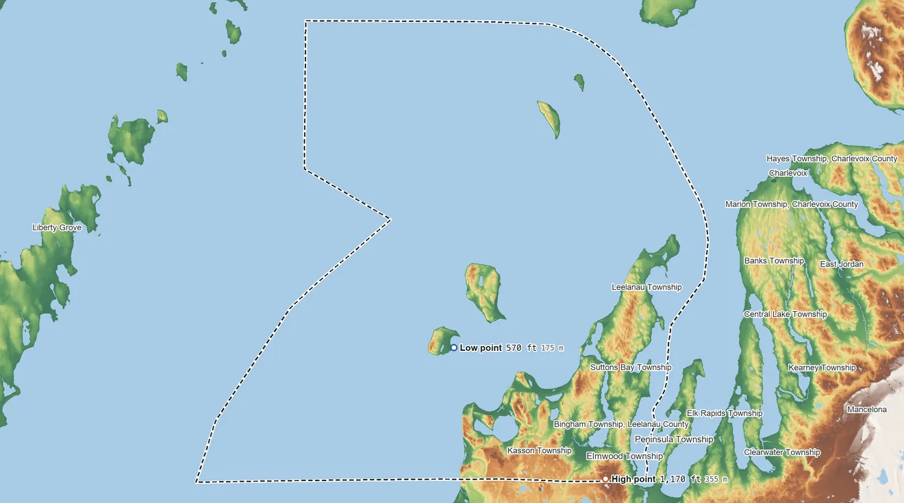 Topographic elevation map of Leelanau County, Michigan, shaded from 570 ft on the south side to 1,170 ft on the southeast side